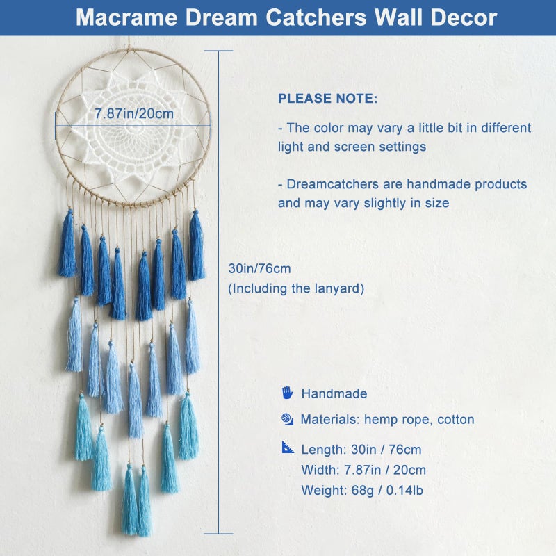 Artilady Macrame Dream Catchers for Bedroom - Tassel Wall Hanging Handmade Dreamcatchers Home Decor with Tassel Feather Ornament Craft Blessing Gift (Blue) - Image 3